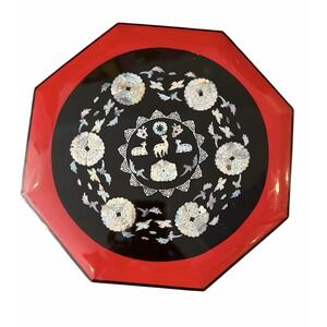 Vintage Korean Red Lacquer Mother-of-Pearl Inlay Deer Birds Octagon Storage Box